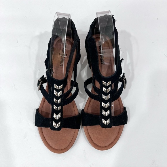 Minnetonka Strappy Leather Suede Studded Chevron Tropez Wedge Sandals - Picture 5 of 10